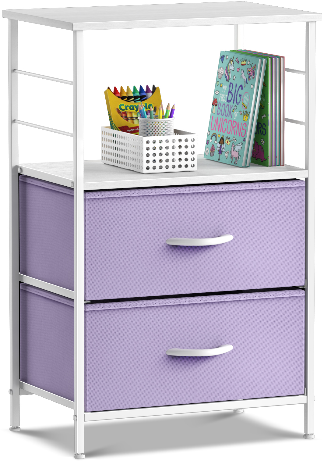 Sorbus Nightstand 2-Drawer Storage Dresser Kids, Teens Boys  Girls Bedroom  Furniture, Accent End Table Chest, College Dorm, Steel Frame, Wood Shelf   Top, Fabric Bins (Purple)
