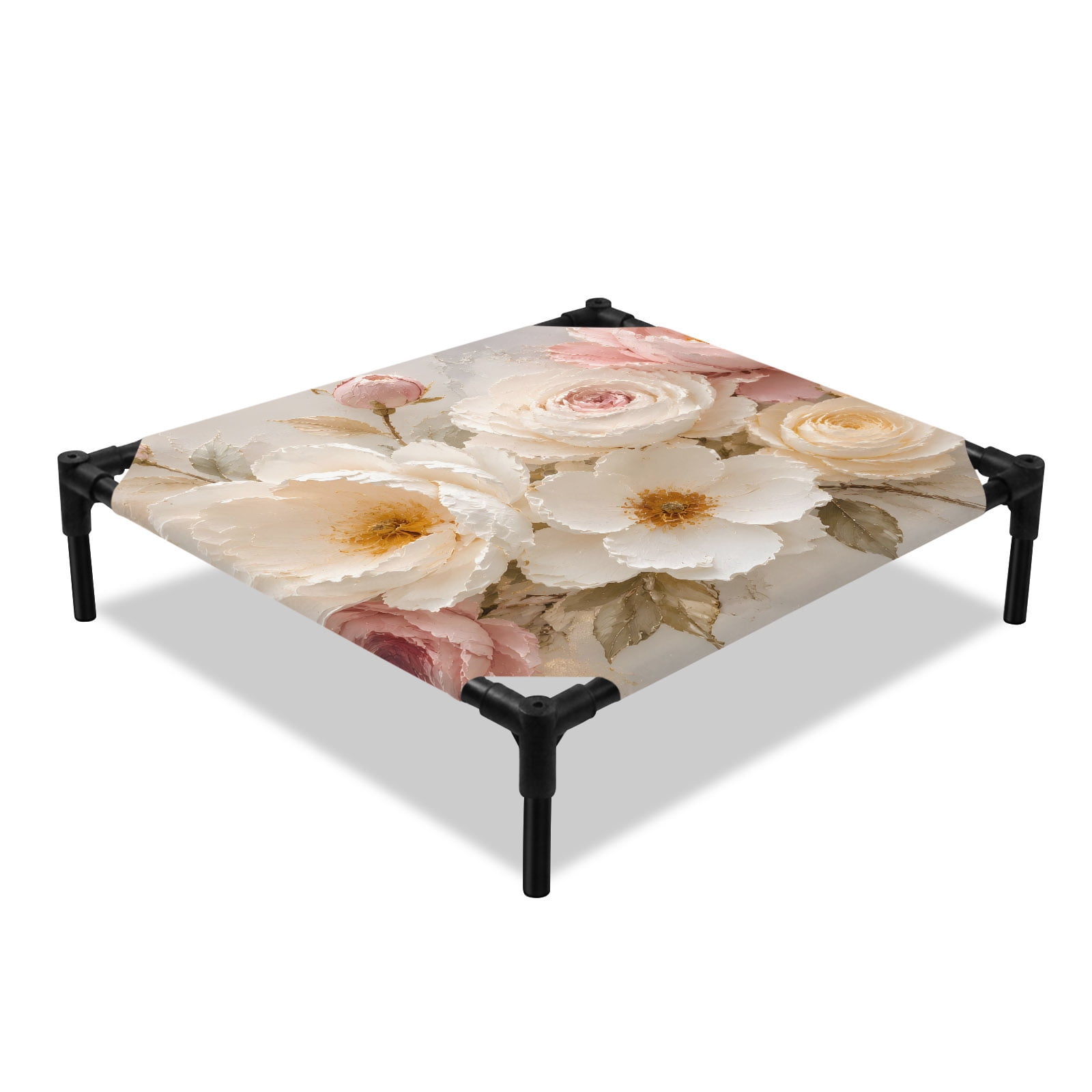 White Pink Rose Peony Elevated Dog Bed Rustic Plaster Floral Impasto Relief Flower Cooling Breathable Outdoor Raised Dog Cot Bed with Metal Frame Non-Slip Feet for Small Dog 20x20in