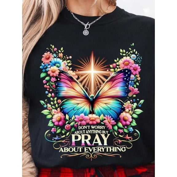 Women's Inspirational Christian Butterfly T-Shirt Faith Prayer Graphic Tee Vintage Floral Religious Top Colorful Short Sleeve Casual Shirt