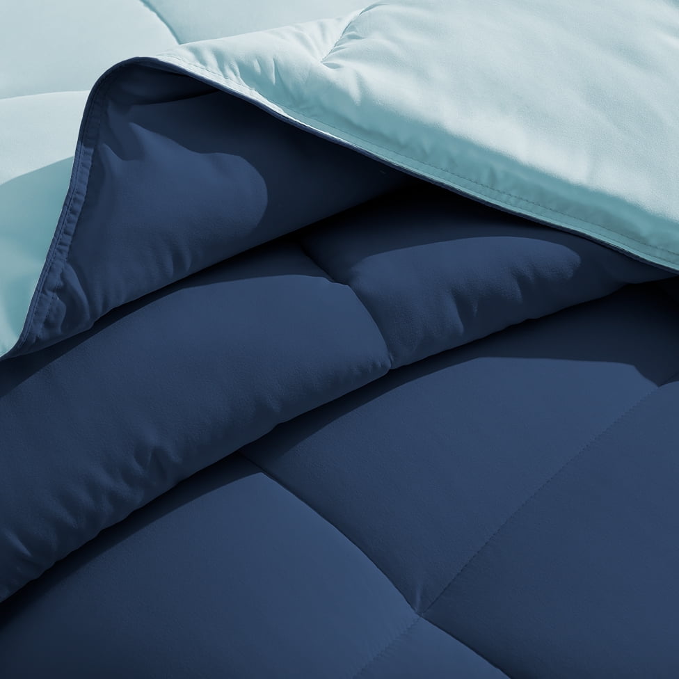 Bare Home Microfiber 5-Piece Dark Blue/Light Blue Comforter, Light Blue Sheet Set Reversible Bed in a Bag, Queen