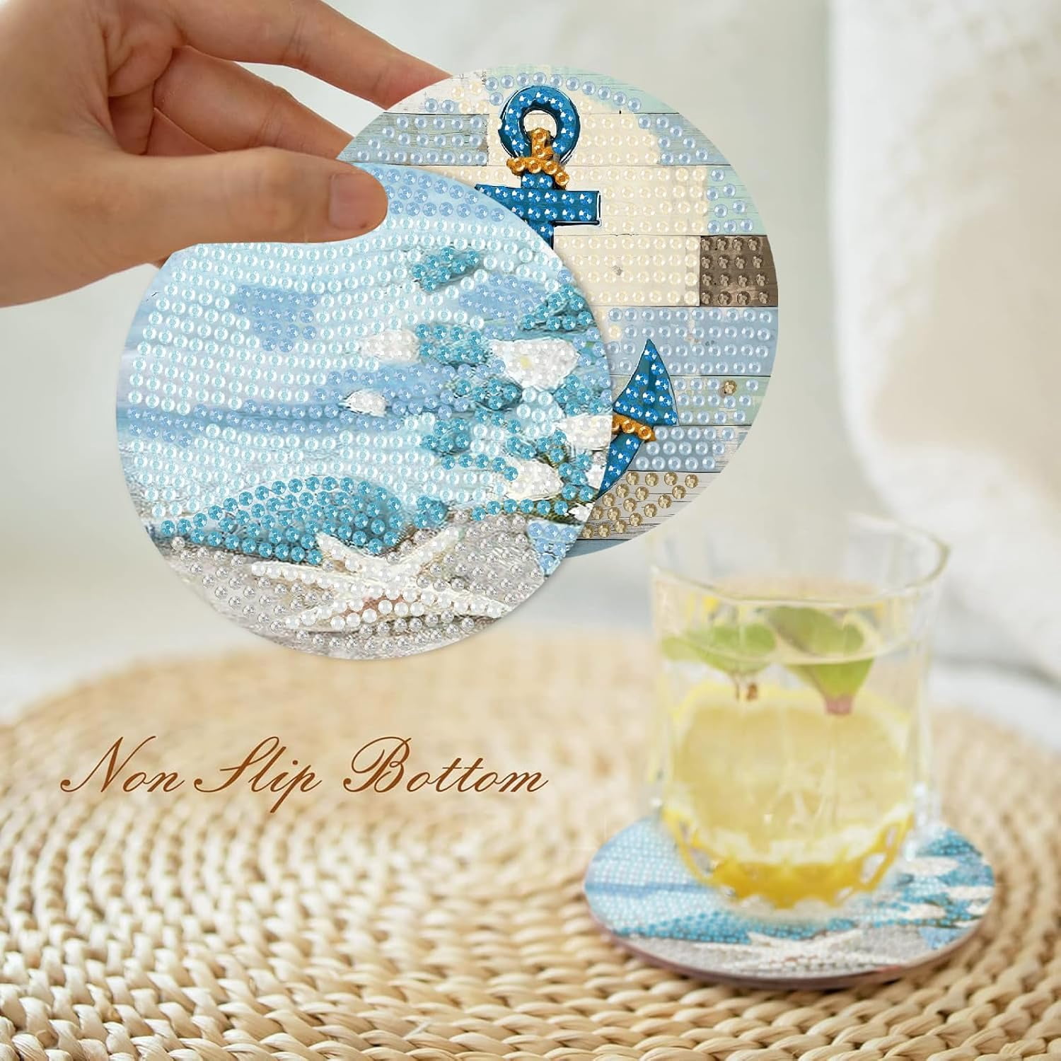 8 Pcs Beach Diamond Art Coasters Kits with Holder, Sea Diamond Painting Coasters Kits for Adults, Light House DIY 5D Diamond Dots Small Mini Kit Full Drill Art Craft Supplies 4X4 Inch