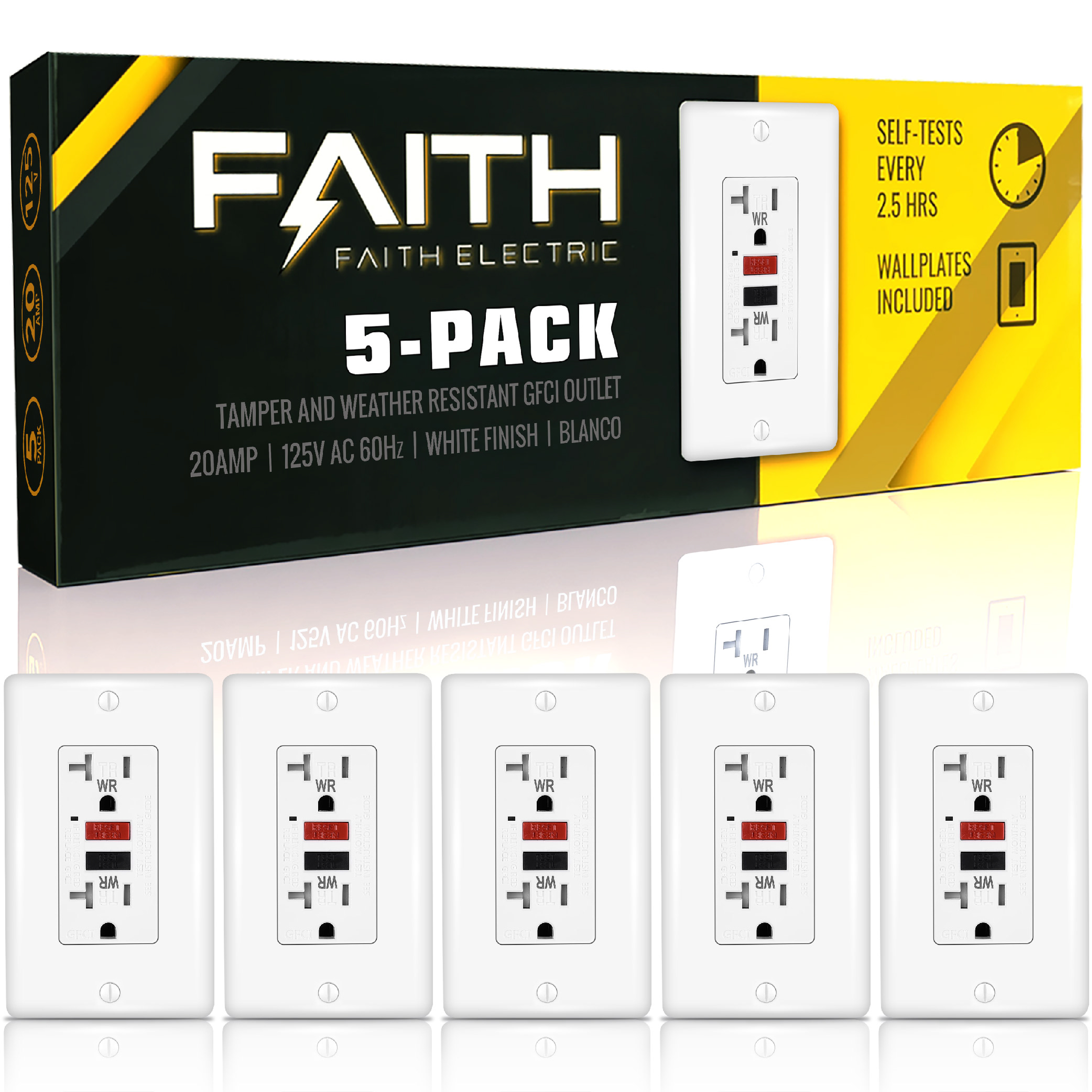 Faith [5Pack] 20A Outdoor GFCI Outlets Slim, Weather and Tamper