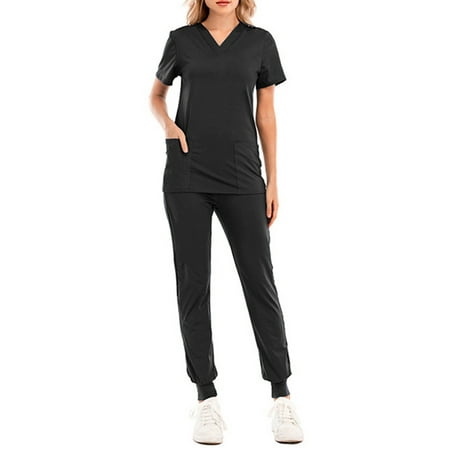 

Rejlun Ladies Scrubs Set Solid Color Medical V Neck Scrub Tops+pants Plain Suit Comfy Doctors Top Black L