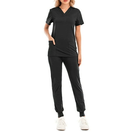 

Glonme Women Scrubs Set Pockets Scrub Tops+pants Solid Color Medical Hospital Modern Suit Regular V Neck Top Black S