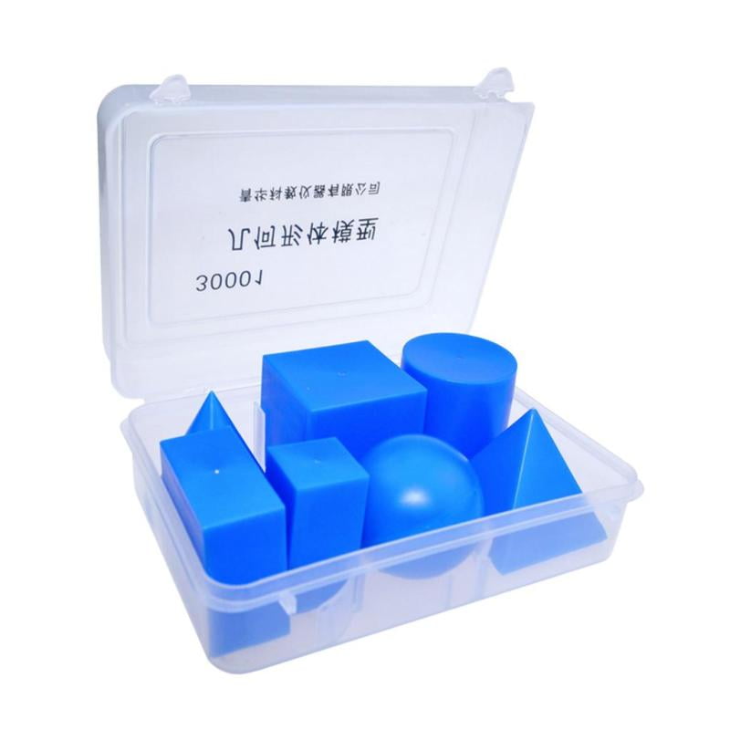 Box 7pcs Blue Geometric Shapes 3D Solids Preschool School Learning Set 