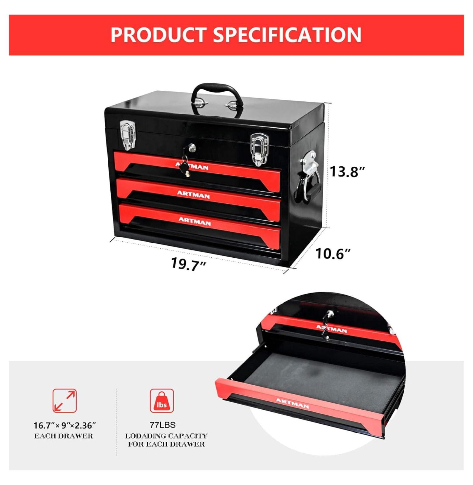 Portable 3 Drawer Tool Box - Metal Tool Box with Drawers for Parts Organizer, General Tool Chest with Metal Closure & Handles for Truck and Cars