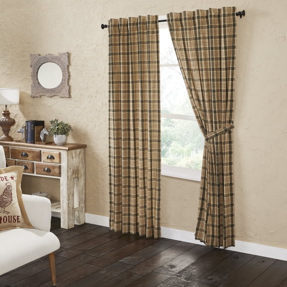 VHC Brands Cider Mill Plaid Curtain Panels, Tan & Charcoal, 84x40, Set of 2