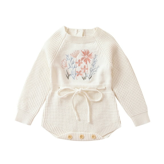 Elippeo Autumn Infant Baby Girl Knit Jumpsuit 6M 9M 12M 18M 24M Flower Embroidery Long Sleeve Drawstring Waist Romper Fall Clothes