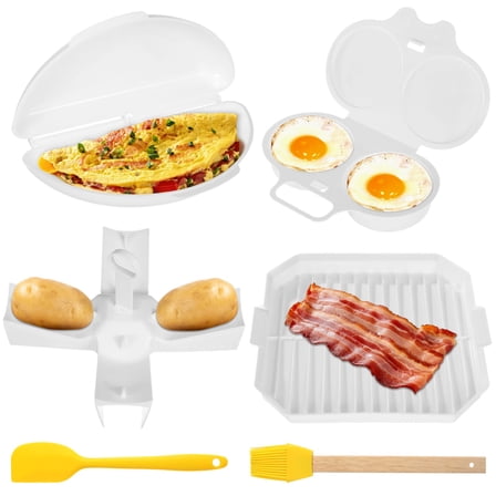 6 PCS Microwave Breakfast Cooking Set, Includes Double Egg Poacher, Omelet Maker, Bacon Tray, Potato Rack, Silicone Spatula & Brush, Non-Stick and Easy-to-Use Microwave Egg Bacon Cooking Kit