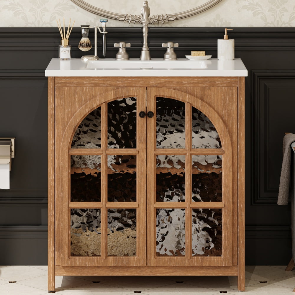 31-Inch Antique Natural Farmhouse Bathroom Vanity with Integrated Ceramic Sink - Vintage Rustic Cabinet, 2 Soft-Closing Doors, Adjustable Shelf, Bronze Pulls, Rubber Wood Legs & Tempered Glass