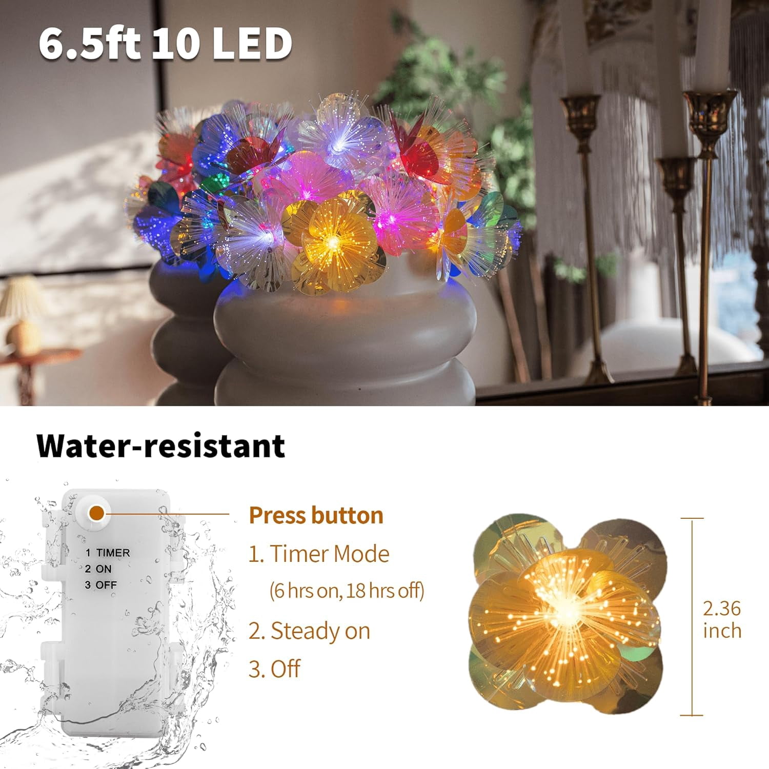 Fiber Optic Flower String Lights – 6.5ft, 10 LED Blossoms, Warm White, Battery Operated (2x AA, Not Included), Timer 6H On/18H Off, IP44 Water Resistant – Indoor/Outdoor