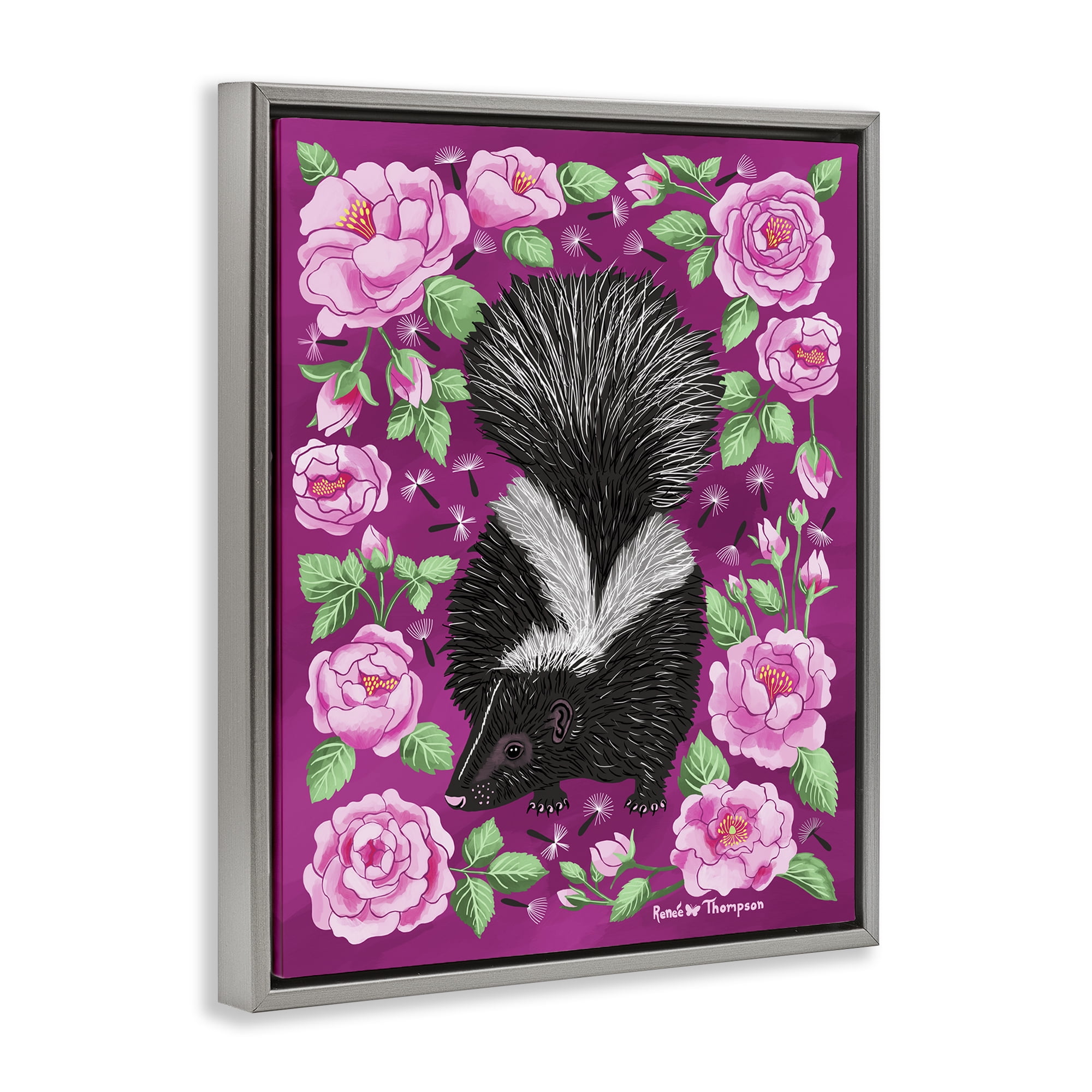 Stupell Industries Skunk & Rose Blossoms Animals Painting Gray Floater Framed Canvas Art Print Wall Art, 25 x 31