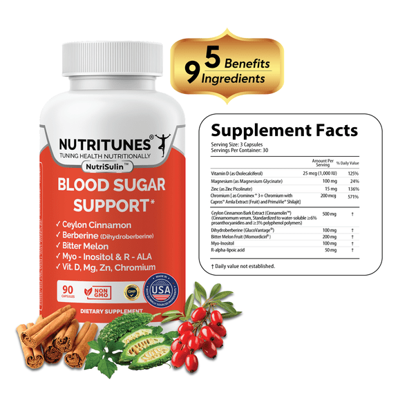 NutriTunes NutriSulin Blood Sugar Support Supplement with Dihydroberberine & Ceylon Cinnamon, 9-in-1 Formula, 90 Capsules