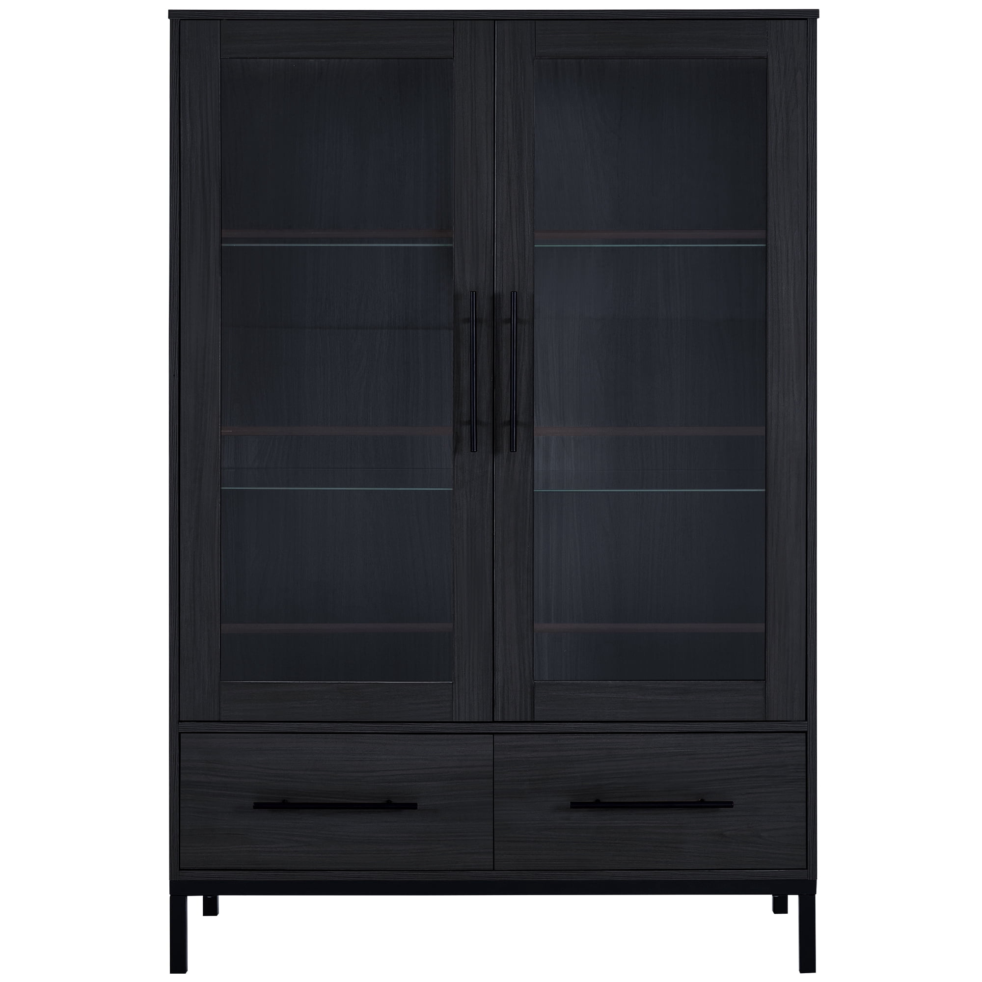 Euroco Modern LED Lighted Display Cabinet with Glass Shelves and Drawers,Storage Curio Cabinet with Adjustable Shelves and Metal Legs, Showcase