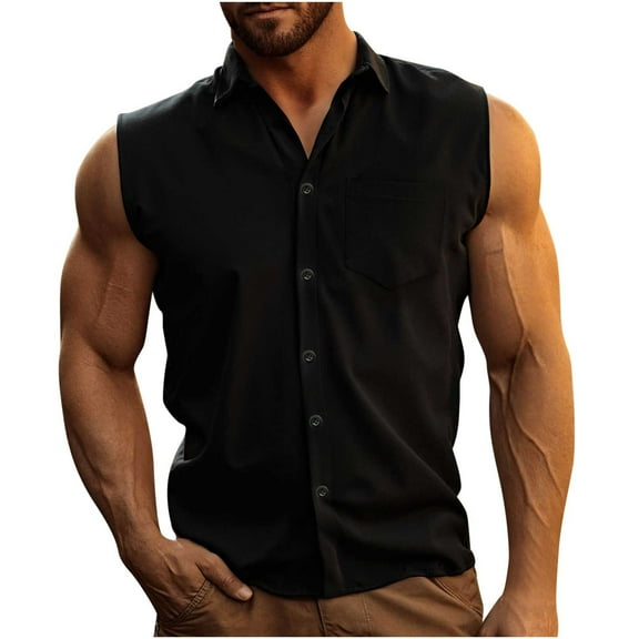 ZCFZJW Mens Sleeveless Button Down Beach Shirts Casual Summer Wrinkle Free Tank Tops Collared Muscle T-Shirt with Pockets Black XL