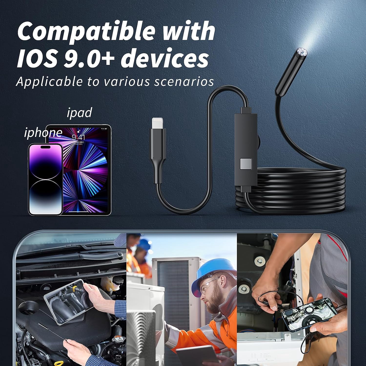 Endoscope Camera with Light,1920P HD Borescope Tools with 8 Adjustable LED Lights, Endoscope with Semi-Rigid Snake Camera, IP67 Waterproof Inspection Borescope for iOS and Android-16.4ft Dual-Lens