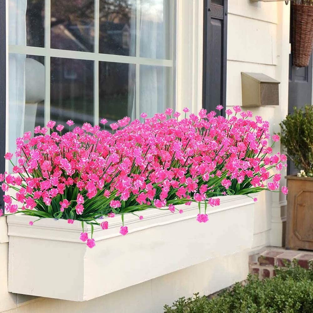 Sinhoon 16 Bundles Fake Artificial Flowers Outdoor for Decoration UV Resistant No Fade Faux Plastic Plants Garden Porch Window Box Décor Kitchen Office Table Vase(Pink)