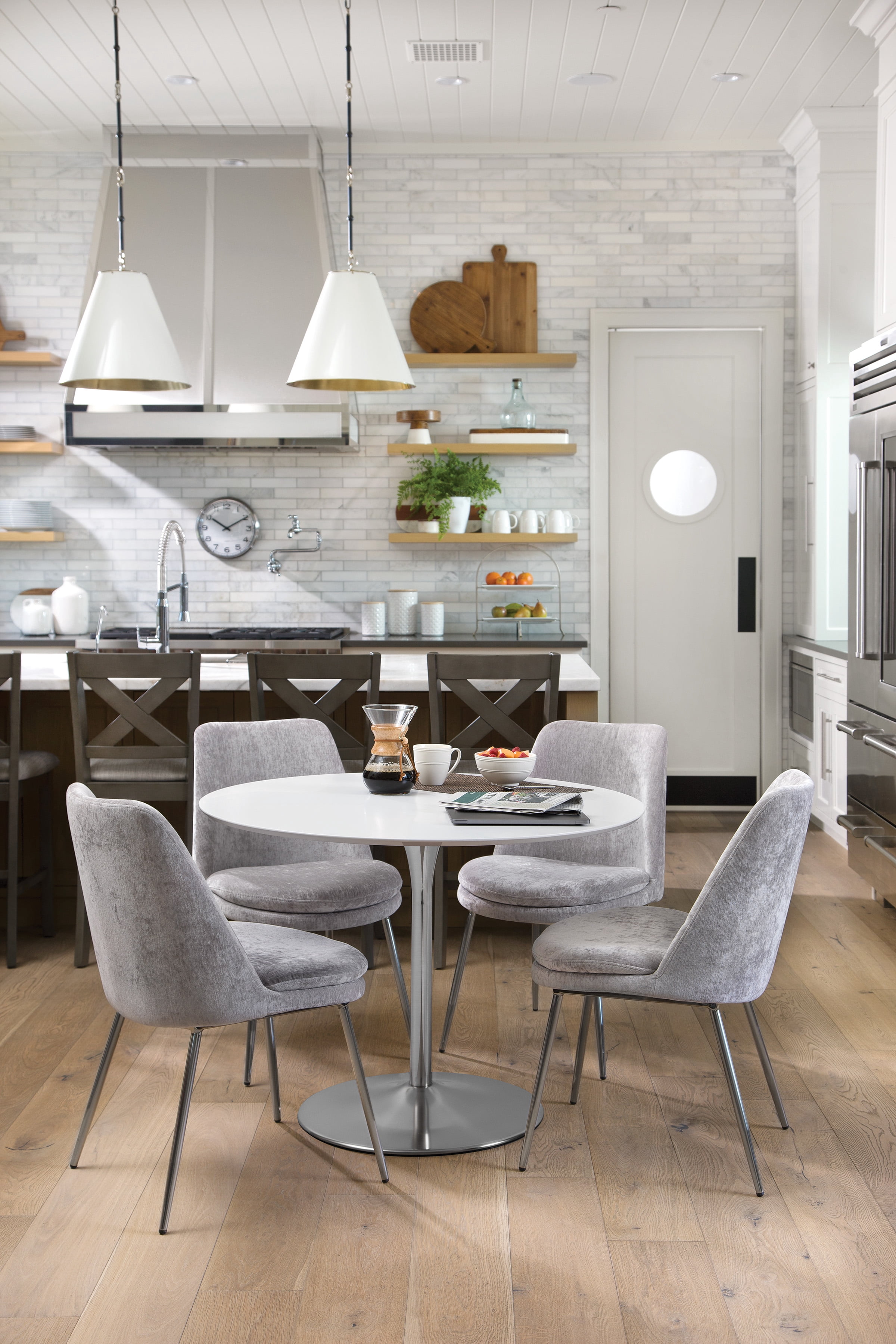 OSP Home Furnishings Flower Dining Table with White Top and Brushed Nickel Base