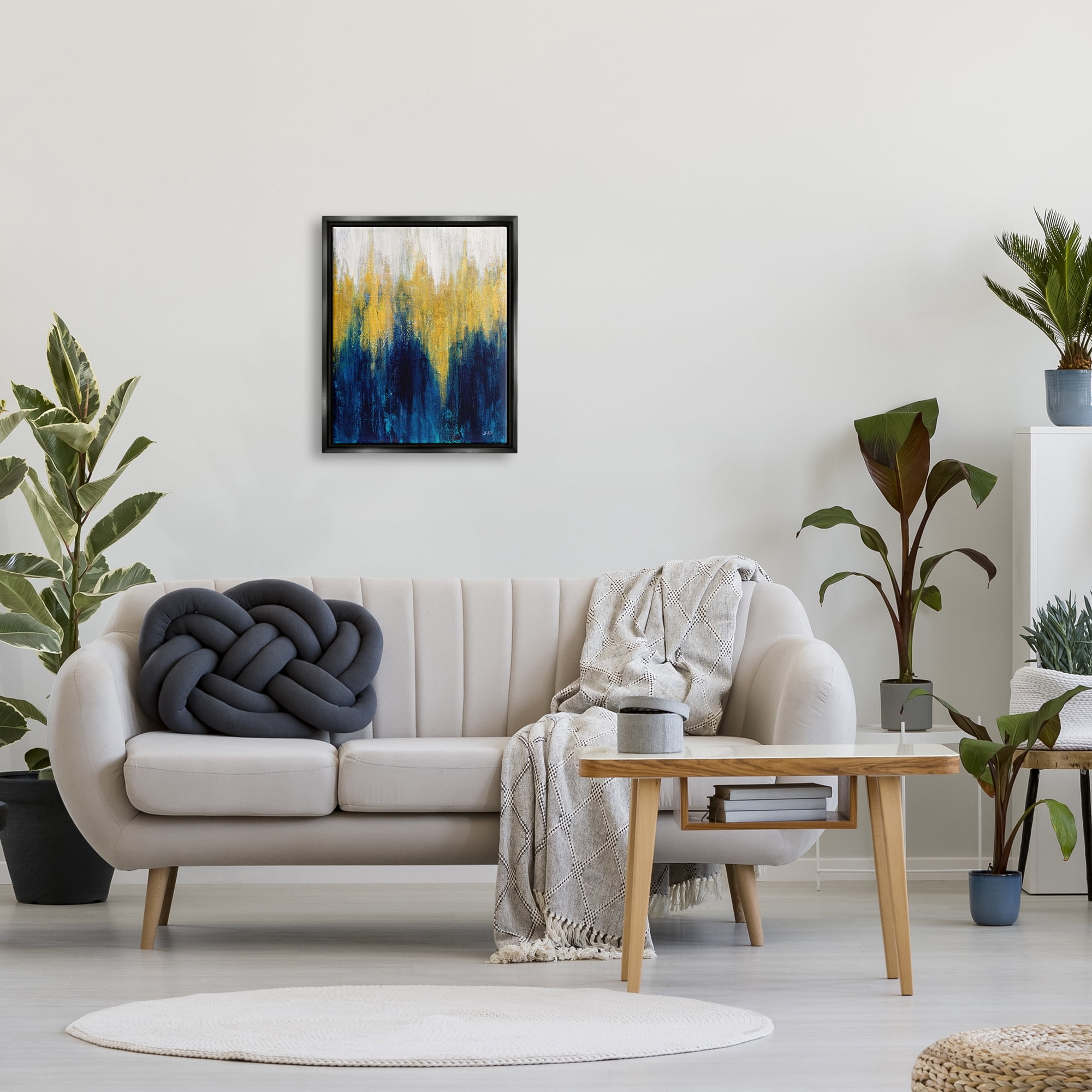 Stupell Industries Blue & Yellow Abstraction Abstract Painting Black Floater Framed Art Print Wall Art, 17 x 21