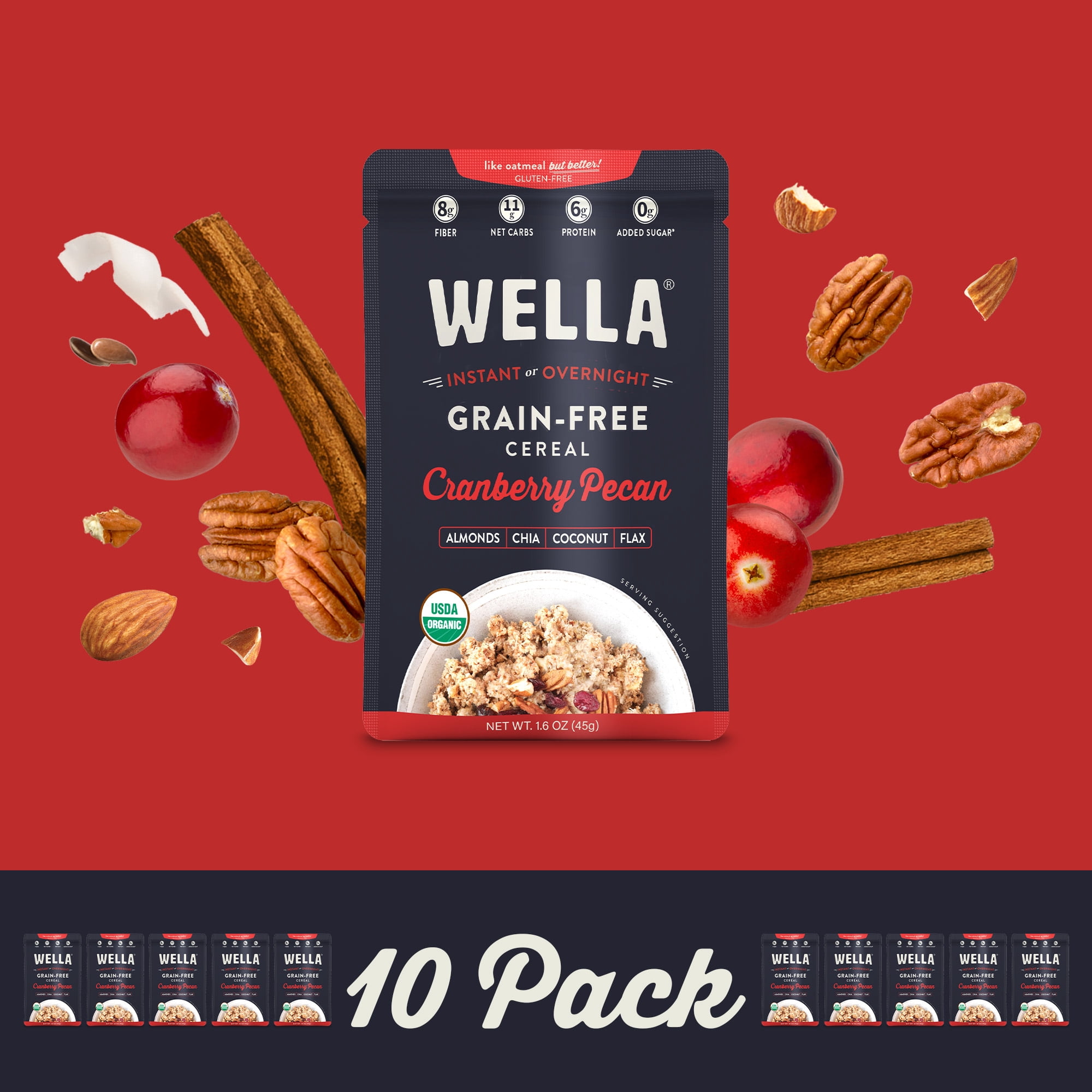 Wella Grain Free Cereal Oatmeal Alternative – Organic Cereal, Vegan High Protein Gluten Free Superfood – Paleo Plant-Based Non-GMO – Low in Net Carbs – Single-Serve 1.6 oz. - 10 Packets