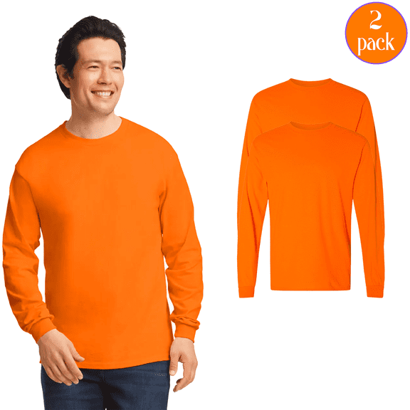 Gildan High Visibility Safety Orange T-Shirt, Men's Hi Vis Long Sleeve Safety Work Shirt, 2-Pack L
