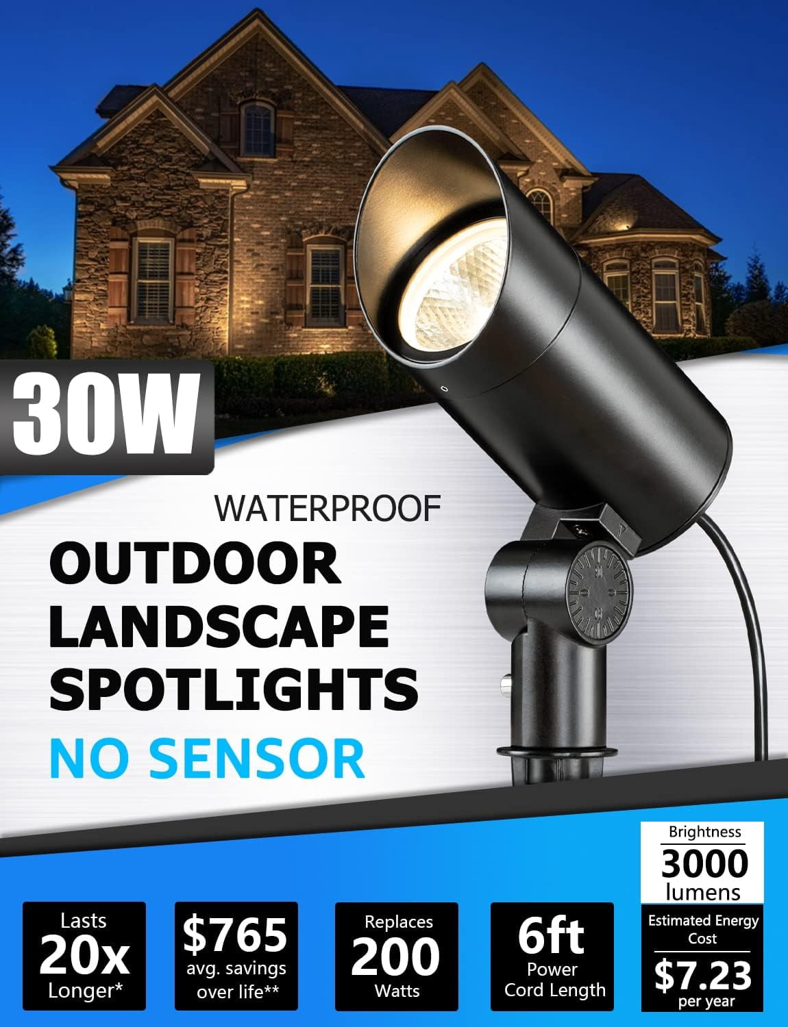 SUNVIE 30W Outdoor LED Spotlight 120V Waterproof Landscape Lights 3000LM Ultra Bright 3000K Warm White with 6ft Cord for Flag Pole Tree Yard Path Decor