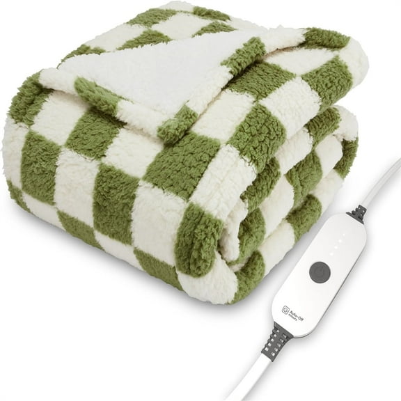 Heated Throw Electric Blanket, 50" x 60", 4 Heat Settings, 4-Hour Auto Shut-Off, Warming Cozy Throw for Couch or Bed, Machine Washable, Sage Checkerboard
