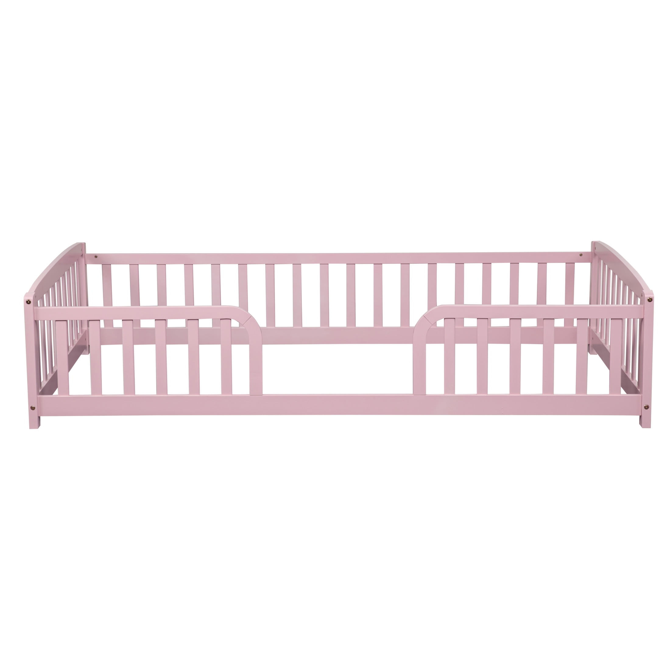 Noble House Norva Twin Size Floor Bed with Central Curved Entrance Guardrails, Pine Wood Bed Frame, Pink