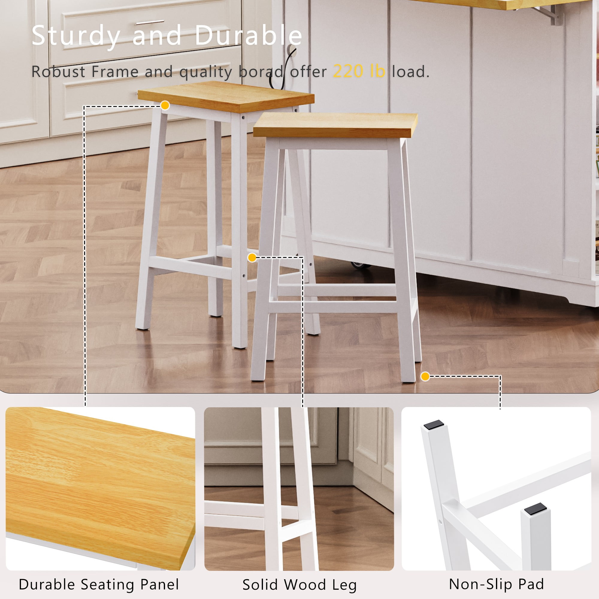 Yoneston 48" Kitchen Island with 2 Bar Stools, Rolling Kitchen Storage Cart with Power Outlet, Door Internal Storage Rack, Drop Leaf, 2 Open Side Racks and 2 Drawers for Dining Room, White