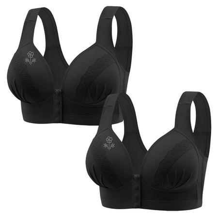 LMKIHUSA Push Up Bras for Older Women 2 PC Bras Sets No Underwire Plus Size Bra Front Closure Bras Everyday Bra Button Front Opening Full Coverage Bra Woman Underwear Black L