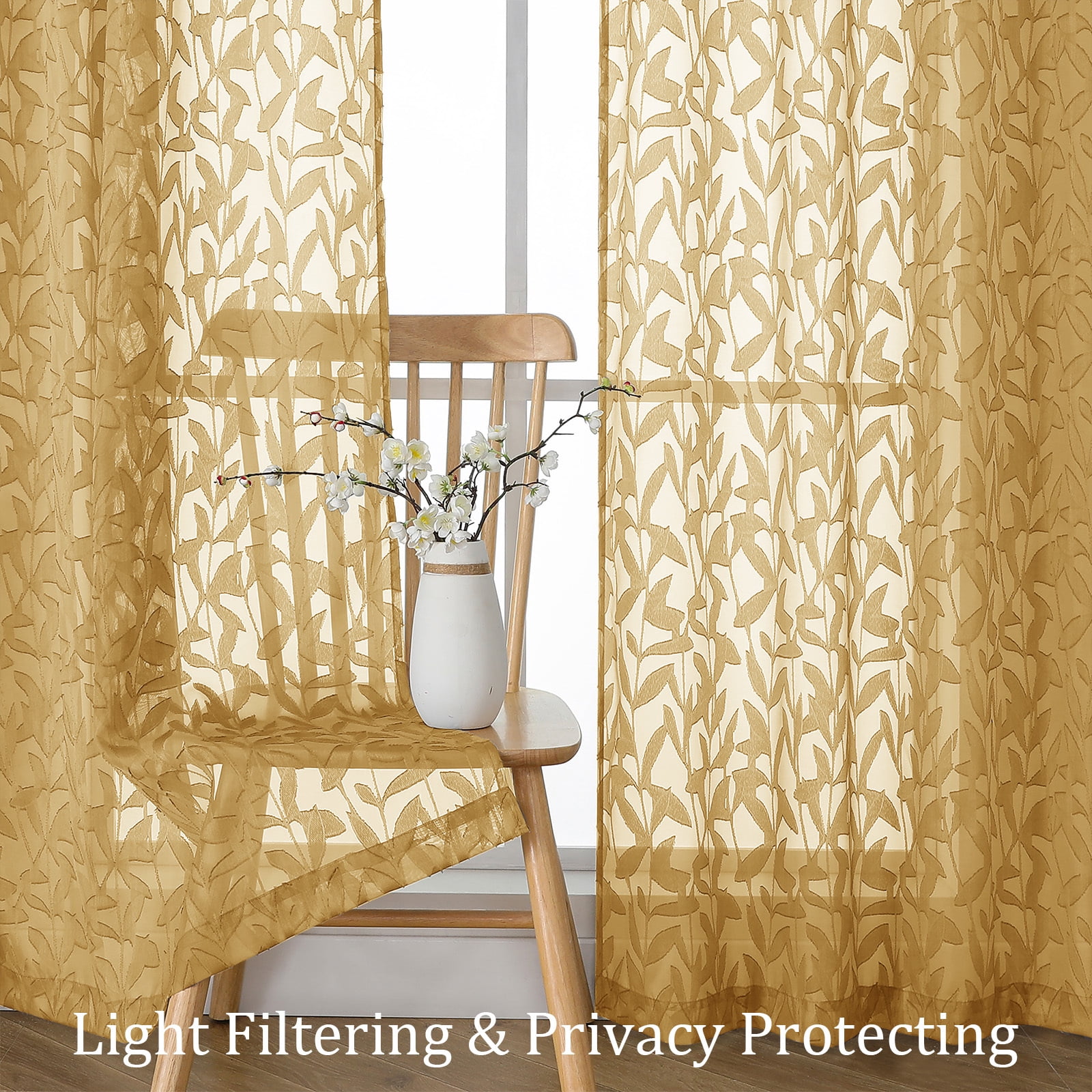 OVZME Leila Gold Sheer Curtains 84 Inches Long 2 Panels, Light Filter Soft Airy Lightweight Textured Solid 3D Jacquard Window Treatments, Bedroom Living Room Curtains with Dual Rod Pocket, 40Wx84L