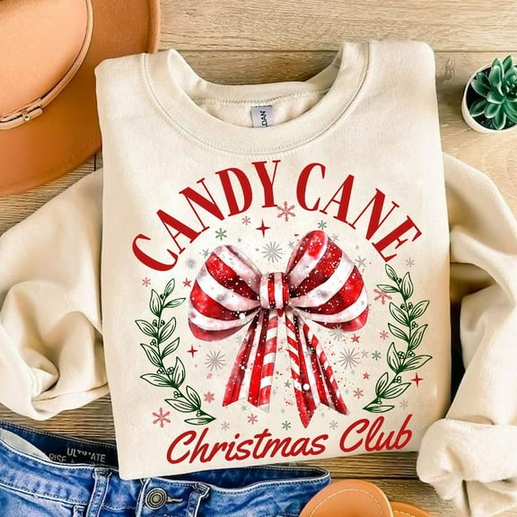 Christmas Candy Cane Bow Sweater, Retro Christmas Coquette Bow Holiday Vibes Xmas Sweatshirt