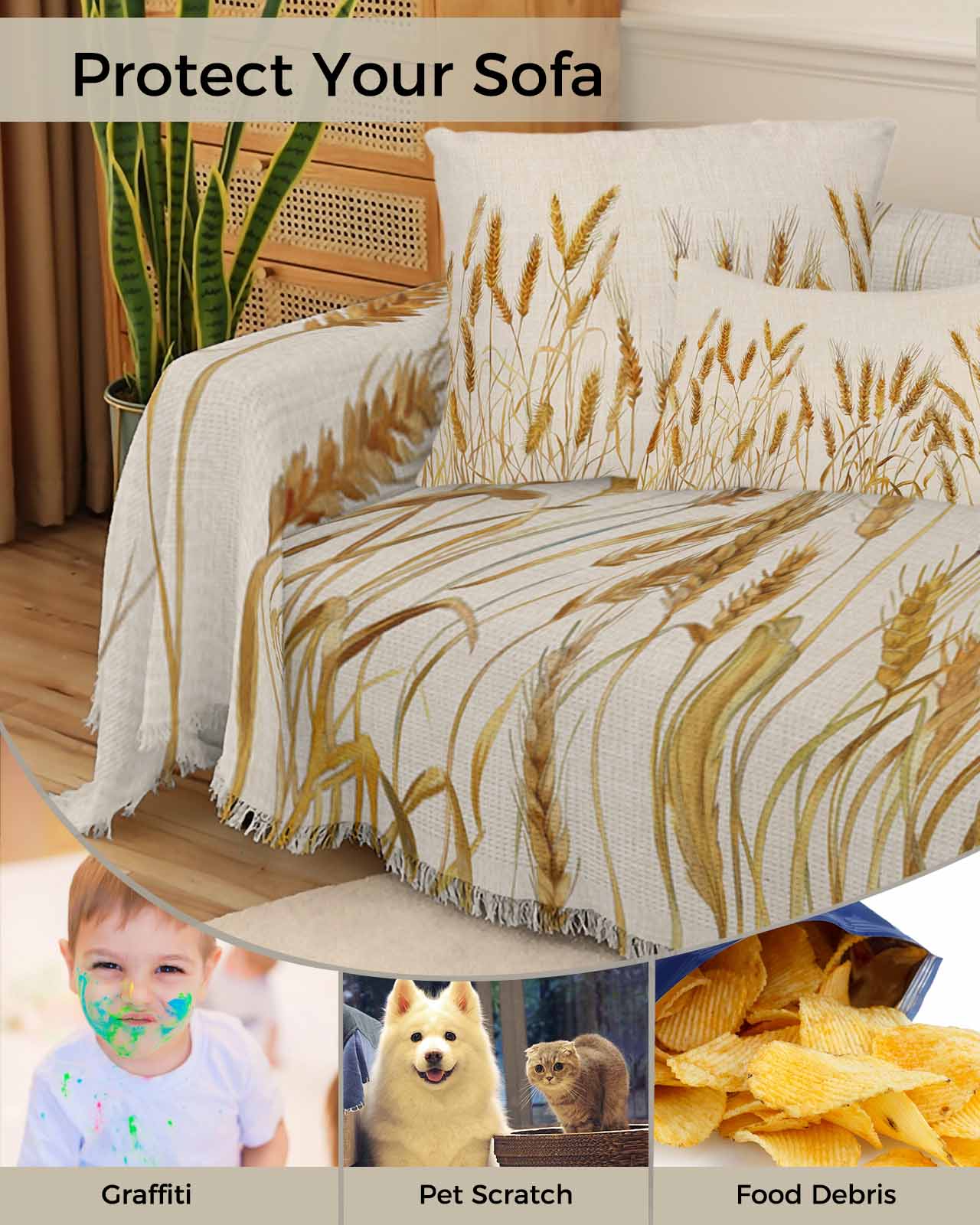 Gold Wheat Sofa Couch Covers for Dog,Washable Sofa Throw Cover Single Slipcoverfor Armchair with Tassels,Farmhouse Vintage Summer Autumn Crops Couch Protector Towel Blanket Medium 71''x91''