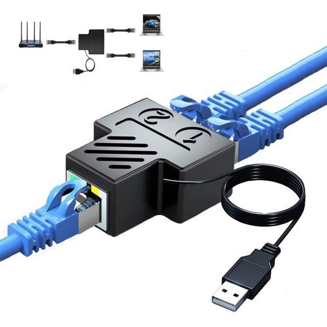 HAHDAXIA Adaptateur Répartiteur de Réseau RJ45, 1 vers 2 Ports Doubles Femelle USB vers RJ45 avec Câble d'Alimentation USB Interface LAN Prise Ethernet Connecteur Rallonge 8P8C Passer en Ligne Simultanément pour Cat6,