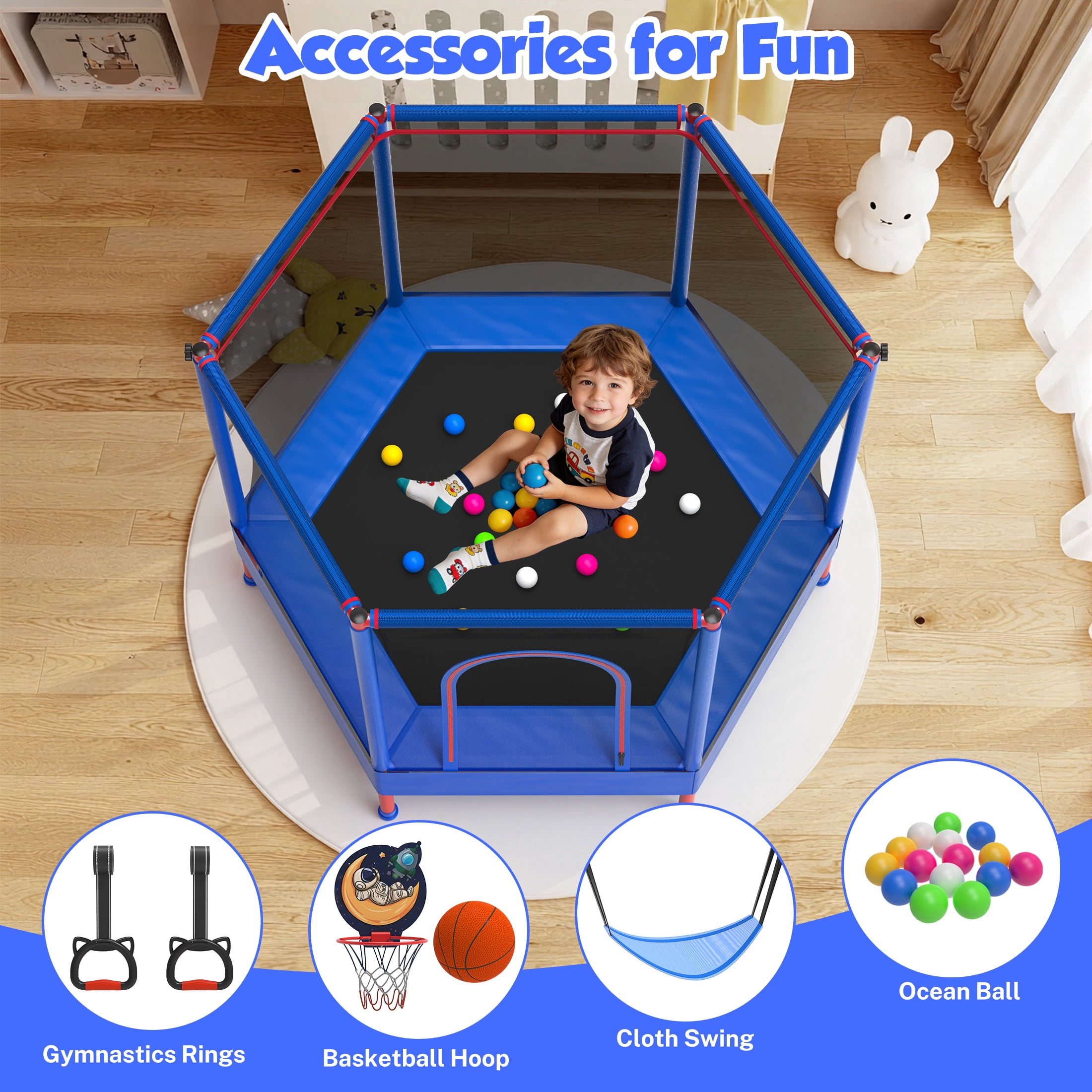 60" Mini Trampoline for Kids with Enclosure, Shinpt Indoor & Outdoor Toddler Trampoline, Upgrade Full Anti-Rust Tube with Adjustable Gymnastics Bars, Small Trampoline for Boys & Girls