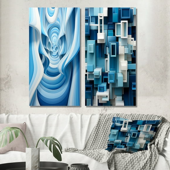 Designart "Focused Blue Op Art A Visual Journey III" Op Art Wall Art Set Of 2 - Blue Abstract Canvas Set For Living Room Decor