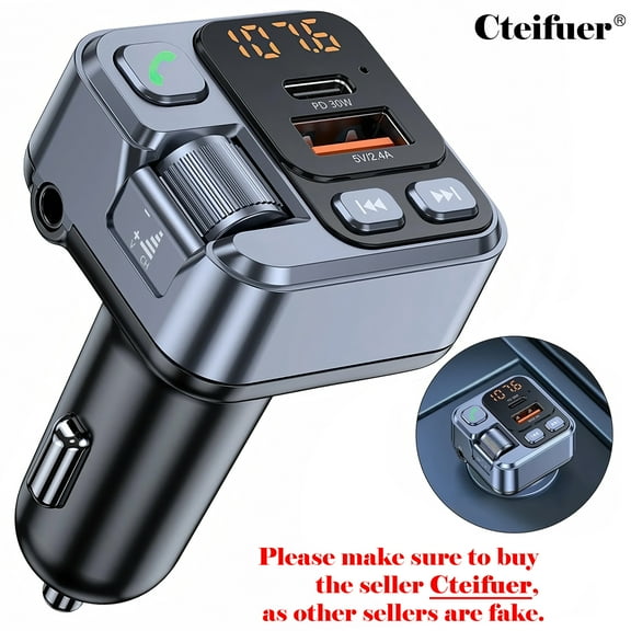 Cteifuer Car Bluetooth 5.1 Wireless FM Transmitter with Dual USB Charging Port, Radio Adapter Car Kit with Hands-Free Calling Music Playing