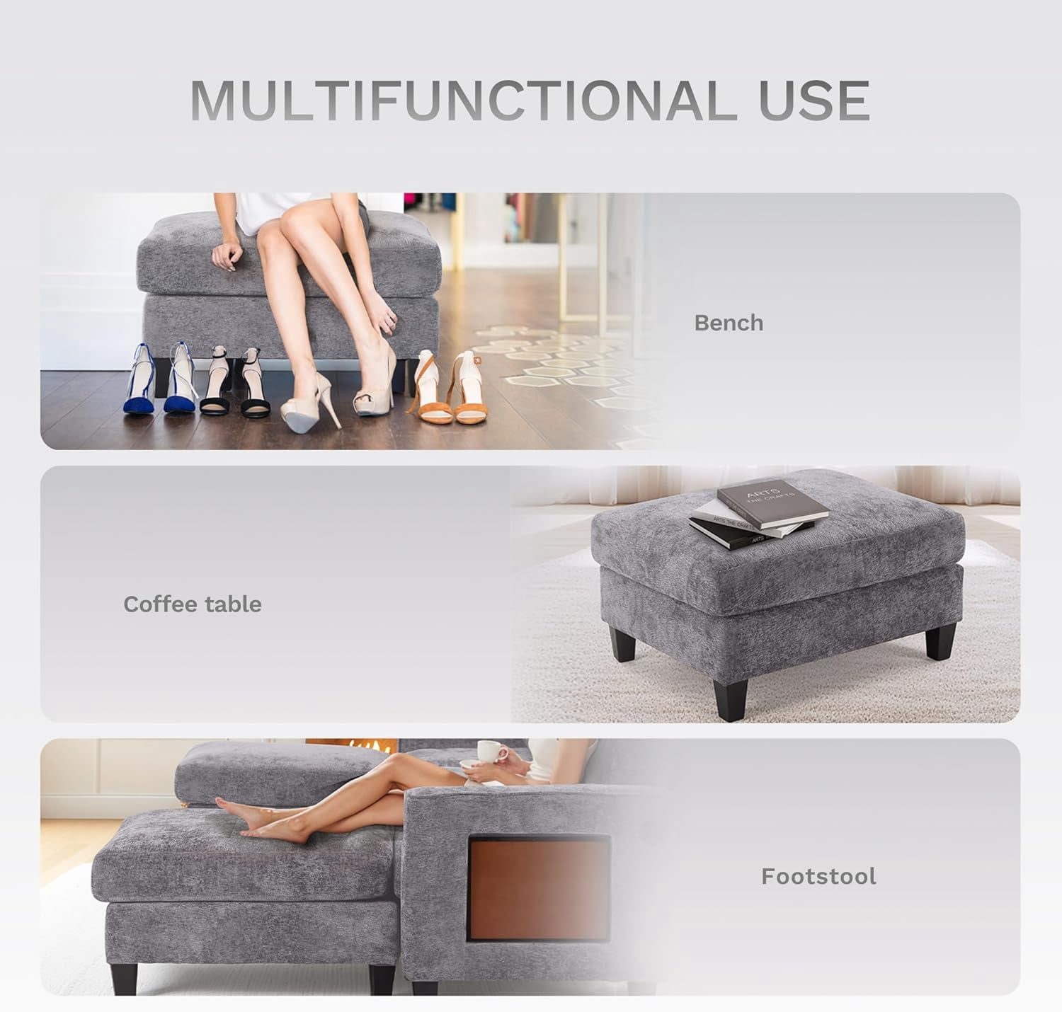 118" U Shaped Sectional Couches,4 Seat Modular Sofa with 2 Ottoman and Foldable Side Table for Living Room, Grey