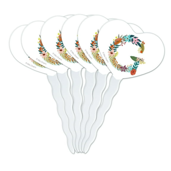 Letter G Floral Monogram Initial Heart Love Cupcake Picks Toppers Decoration Set of 6