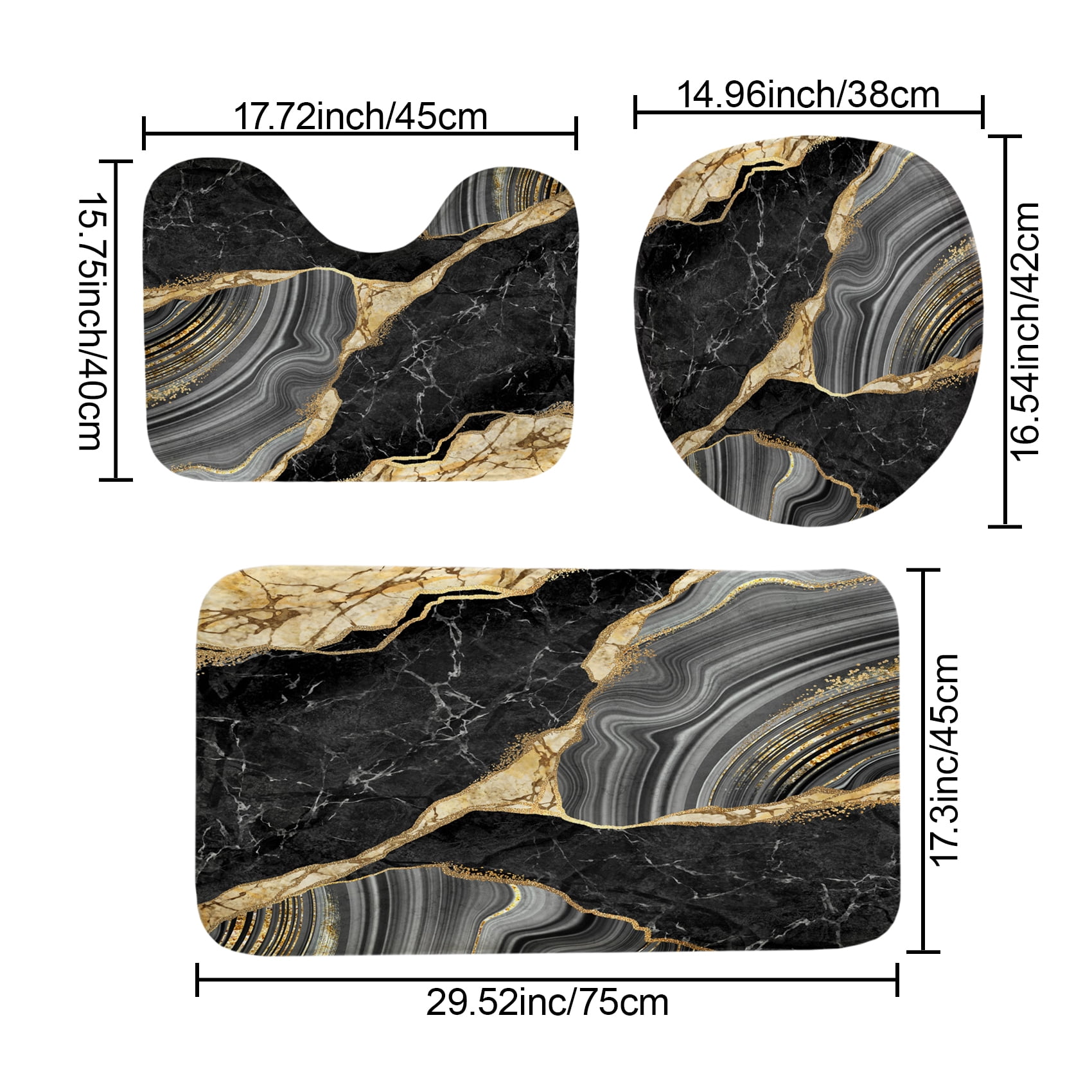 4Pcs Marble Shower Curtain Sets, Bathroom Decor Sets, Luxury with 12 Hooks, Bath Mat, Toilet Lid Rug and Non-Slip U Shape Mat Accessories, 72 x 72 Inch, Black