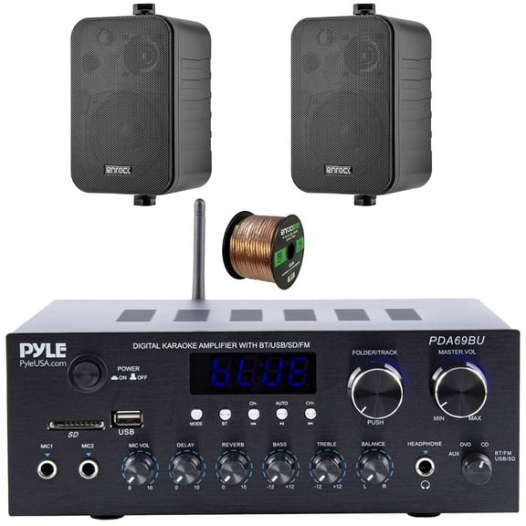 Pyle PDA69BU Bluetooth AUX/USB MP3/SD FM Radio Home Audio Sound System Stereo Amplifier Receiver, 2x Enrock 4" 30W Max Power 3-Way Indoor/Outdoor Black Speakers, 50 Feet 16 Gauge Speaker Wire
