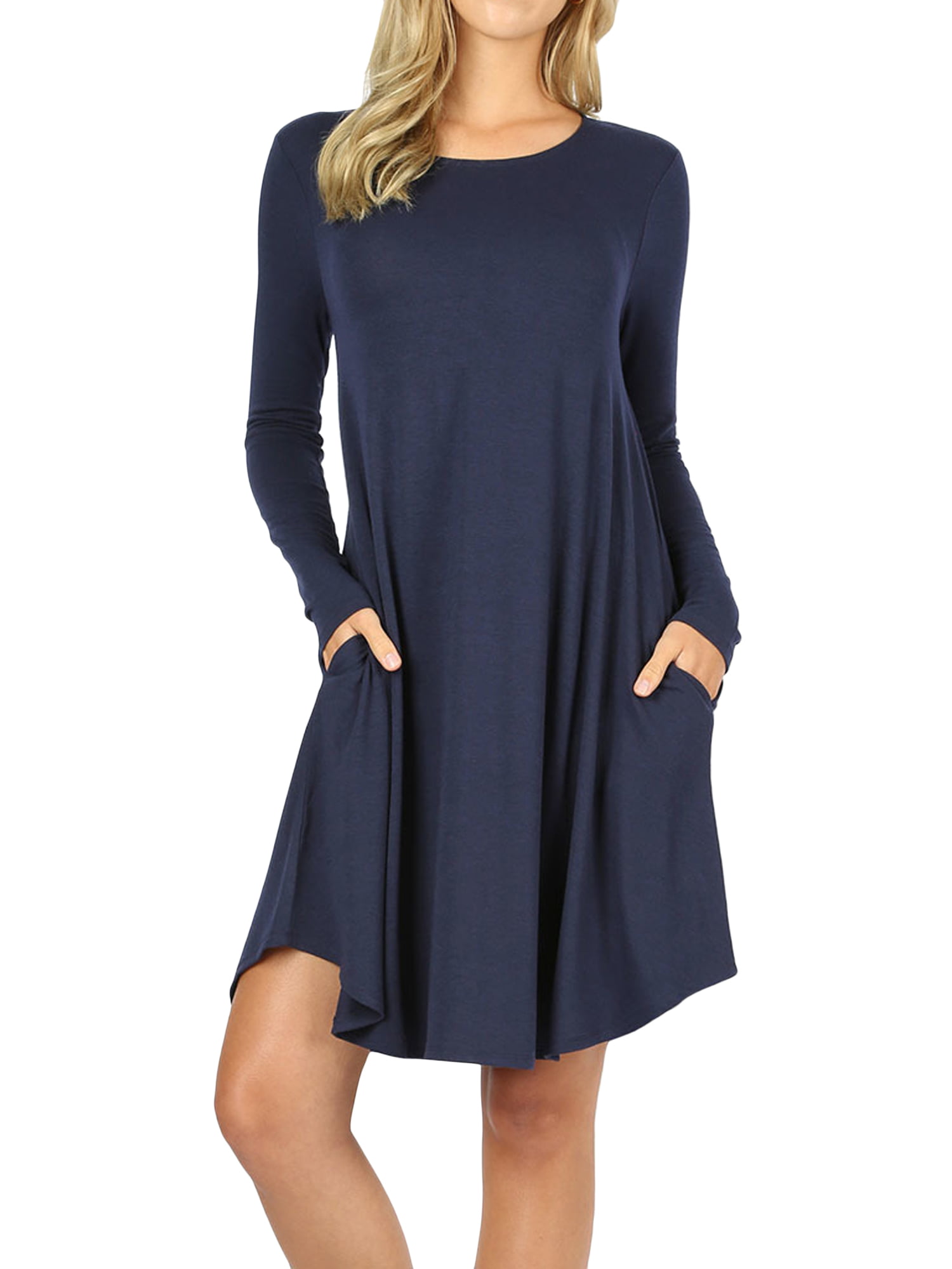 TheLovely - Women Long Sleeve Round Hem A-Line Pleated Swing Dress with ...