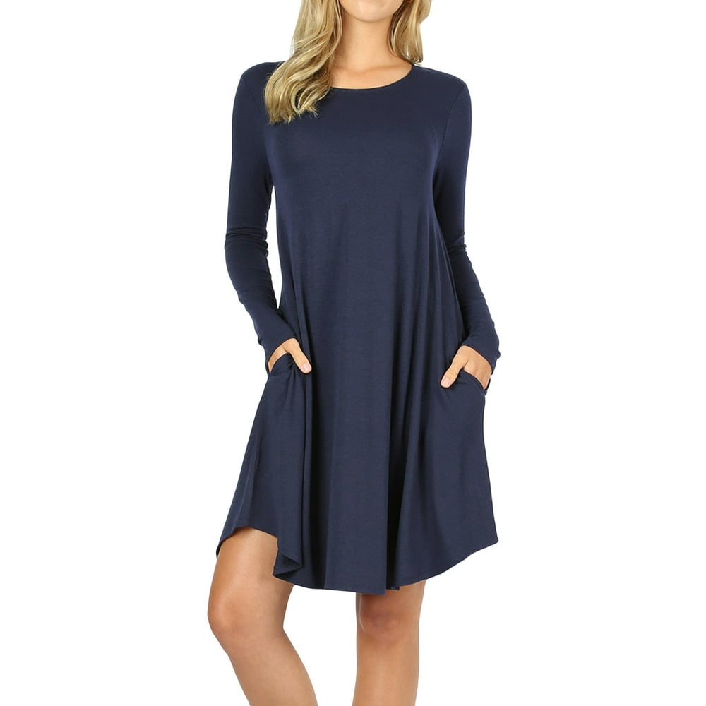 TheLovely Women Long Sleeve Round Hem ALine Pleated Swing Dress with