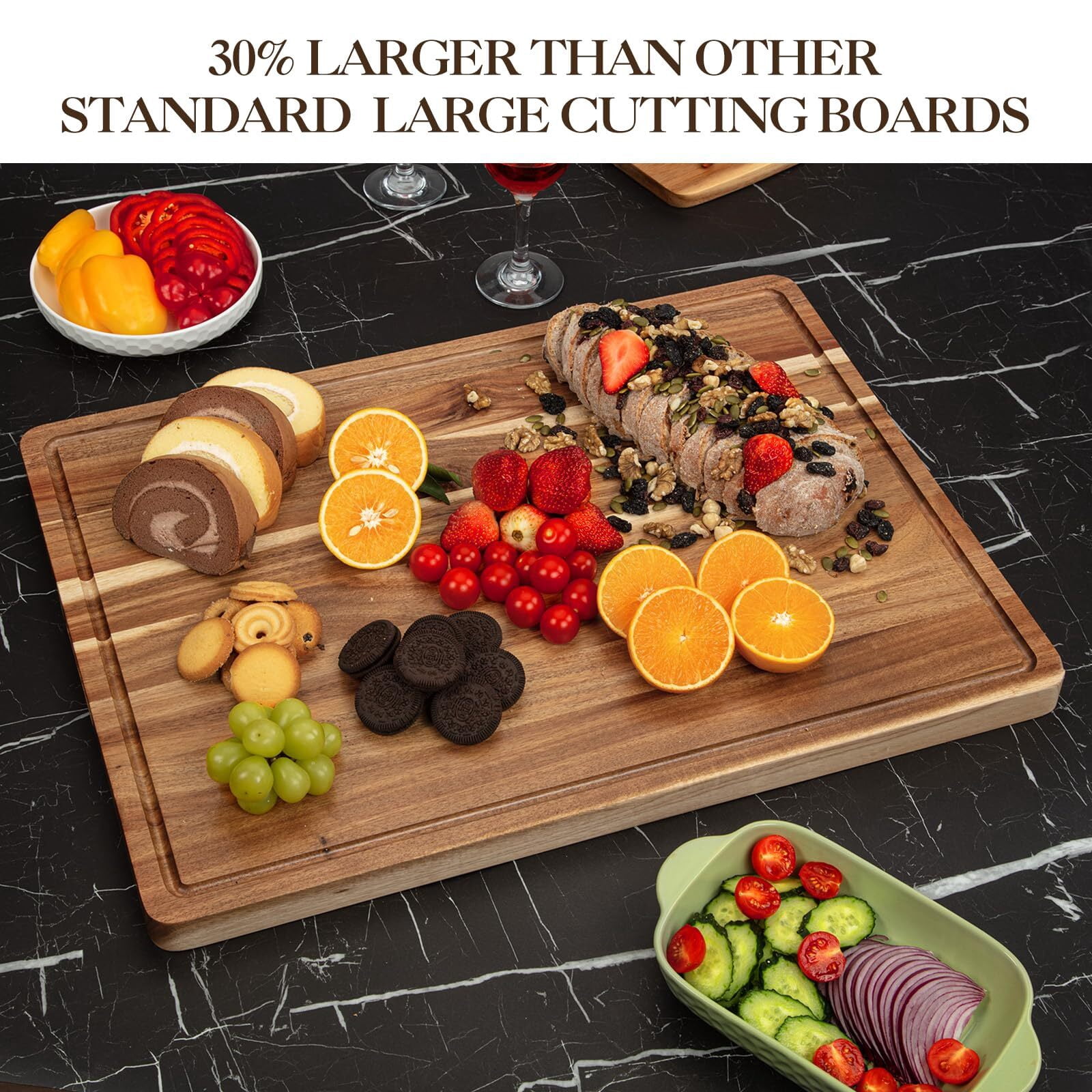 EuKer Large Acacia Cutting Board, 24" x 18" Solid Wood Butcher Block with Side Handles for Kitchen