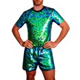 thumbnail image 4 of Men's Reversible Sequin Two Piece Short Sleeve Shirt Shorts Outfit Casual Parties Special Events With Sparkling Design Green M, 4 of 5