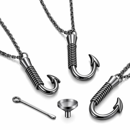 Stcellnmex Set of 3 Fishing Hook Urn Necklace, Stainless Steel Cremation Ashes Jewelry, Black Fish Hook Memorial Ash Keepsake Pendant for Men, Father Day Gift