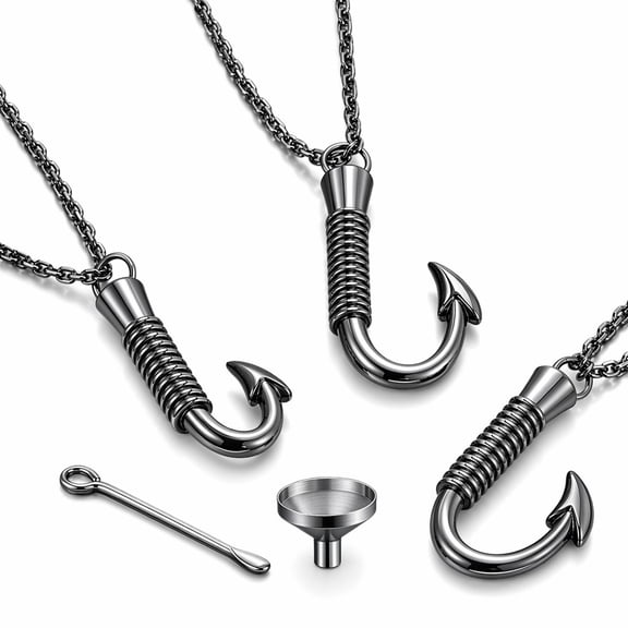 Stcellnmex Set of 3 Fishing Hook Urn Necklace, Stainless Steel Cremation Ashes Jewelry, Black Fish Hook Memorial Ash Keepsake Pendant for Men, Father Day Gift
