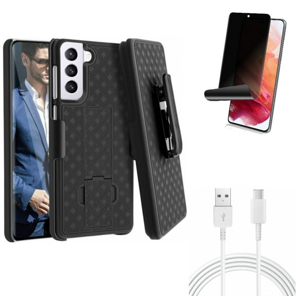 Case Belt Clip w Privacy Screen Protector w 10ft USB-C Cable for Samsung Galaxy S21 Plus - Holster Swivel, TPU Film Fingerprint Works, Type-C Charger Cord Accessory Bundle