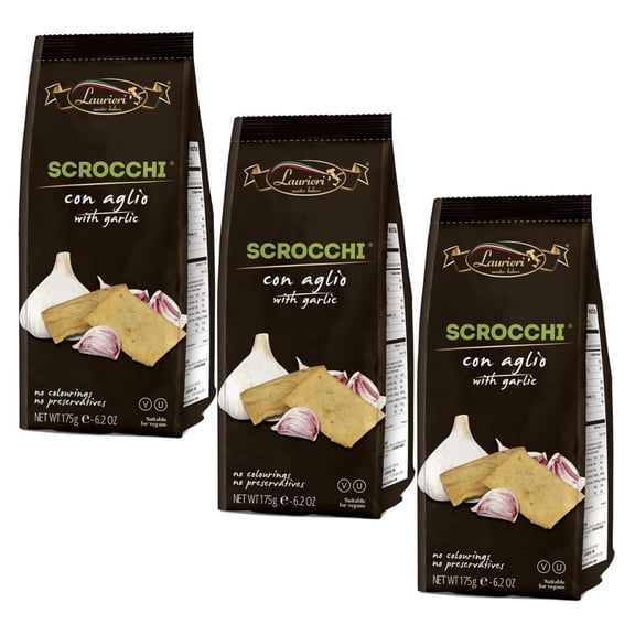 Laurieri Scrocchi Crackers with Garlic Flavor & Crispy Baked Texture - Vegan Crackers for Pairing with Soups, Cheese & Spreads - Italian Crackers Ideal for Parties, Kosher , Vegan (175g) 3pk