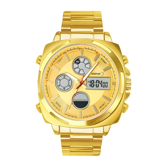 Reloj De Hombre Análogo y Digital Steiner Cuadrado Numeros LED Acero Inoxidable Dorado